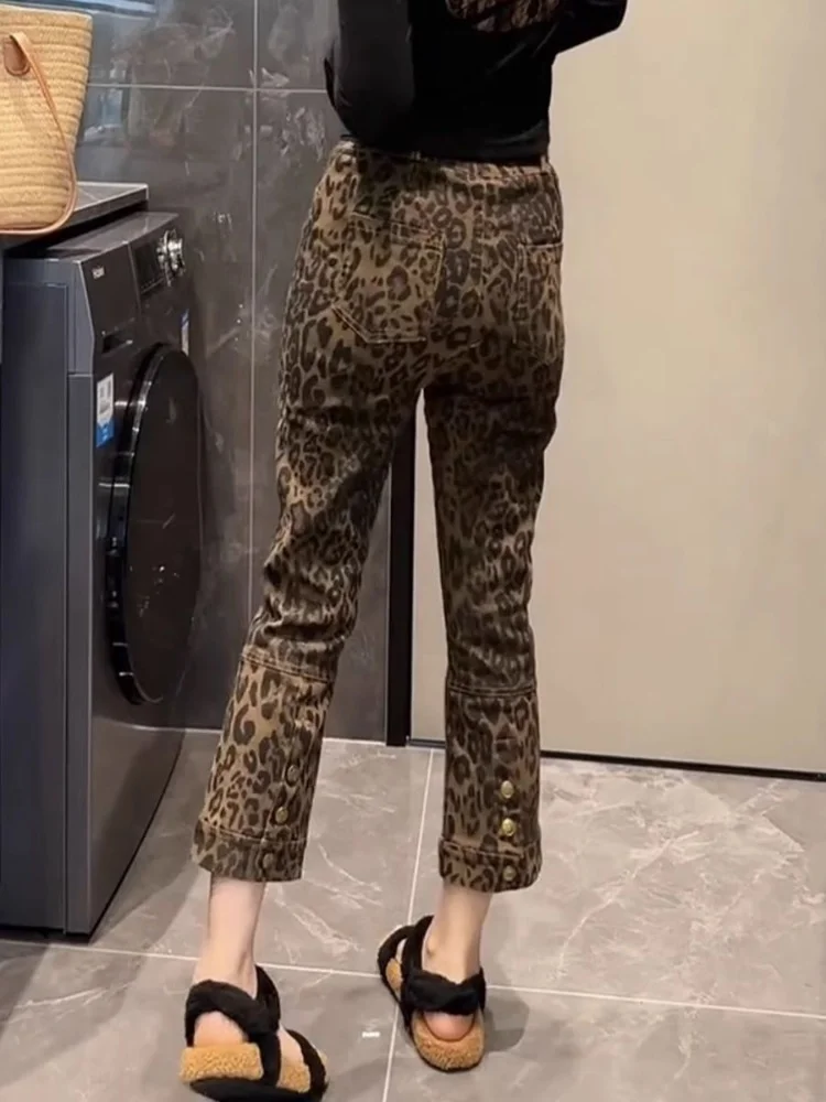 

Retro Leopard Print High Waist Women's Jeans Dra Straight Leg Pants for Pear aped Body Spring Autumn Trendy plus Size