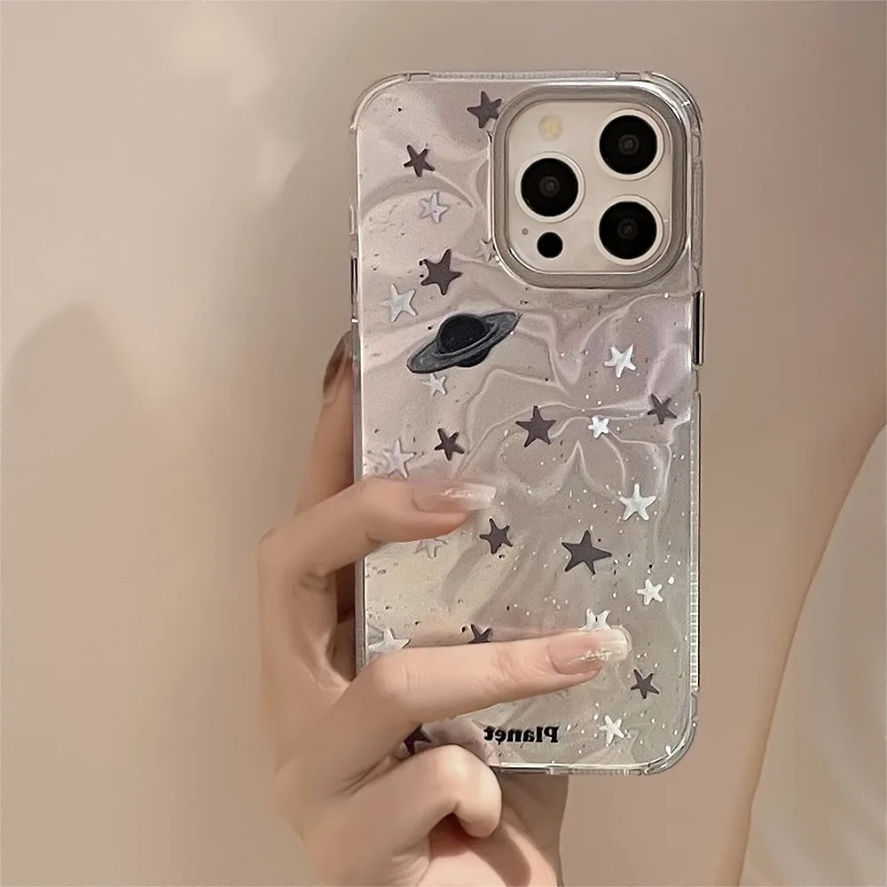 3D Saturn Stars Wave Phone Case for iPhone 15 Pro Max Plus 14 13 12 Glitter Cool Phone Protective Cover