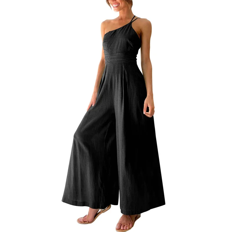 Mono de oficina para mujer, traje de tirantes de Color sólido, un hombro frío, plisado, cintura alta, informal, pierna ancha, novedad de verano