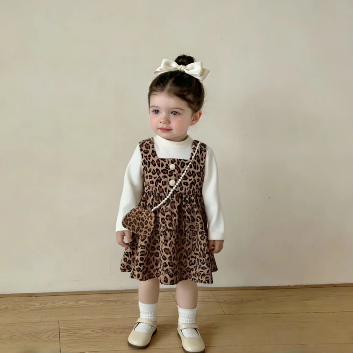 Frühlings-Herbst-Kleid für Baby-Mädchen Geschenktüte Süßes Modisches Leopardenmuster Tägliches Outdoor-Party-Outfit OOTD 9 Monate - 3 Jahre