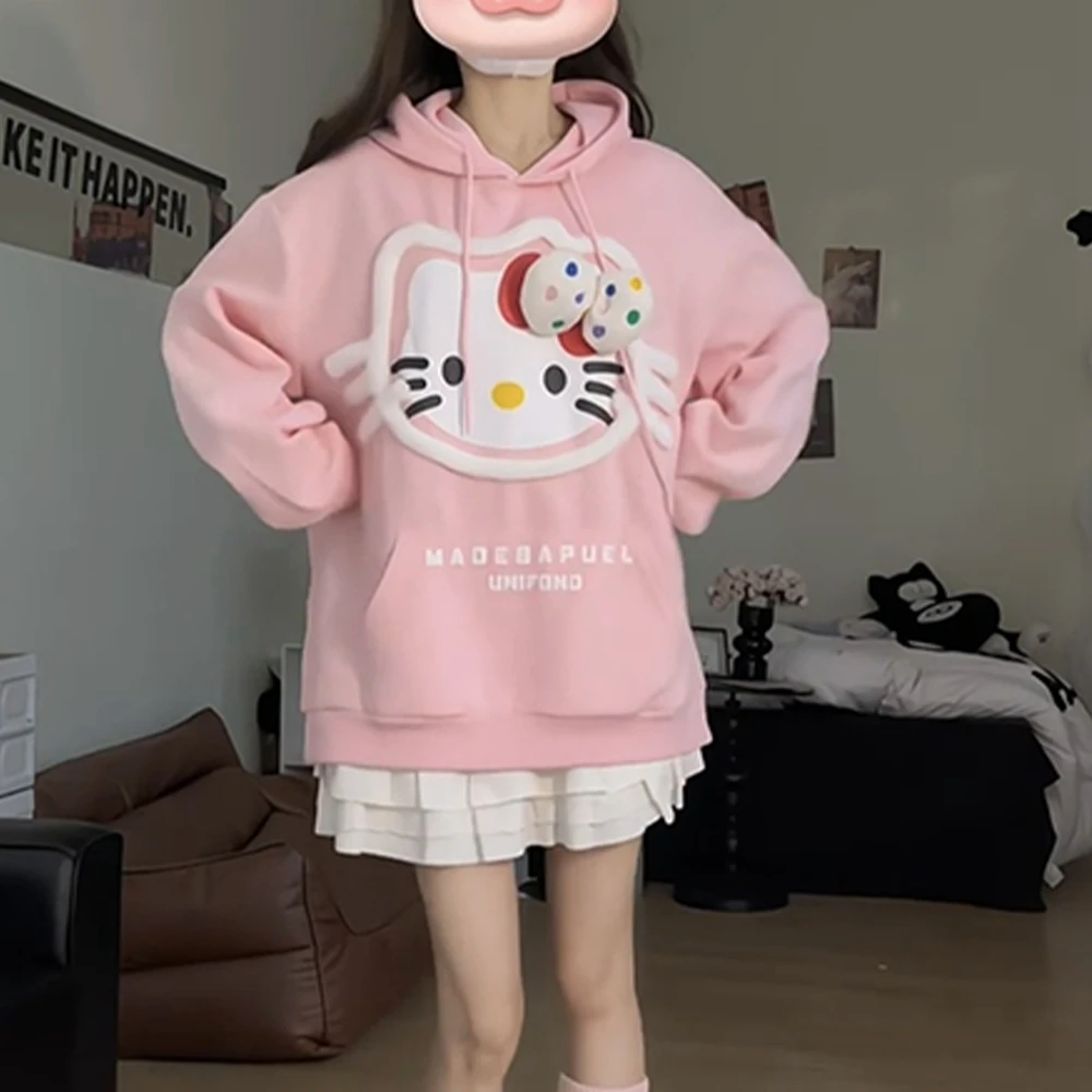 Sanrio Hello Kitty Plush 3D Embroidered Sweatshirt Sweatshirt Cartoon Autumn Winter Couple Hooded Sweatshirt for Women Men Tops