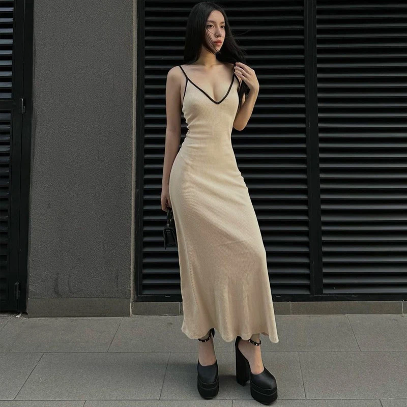 Elegant Knit Spaghetti Strap Long Straight Dress Street Apricot High Waist Dresses Summer Casual Slim Floor-Length Dress Women