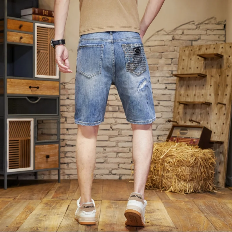

JDK67 High-grade broken holes patches loose casual versatile denim shorts tide collision colour splicing embroidery