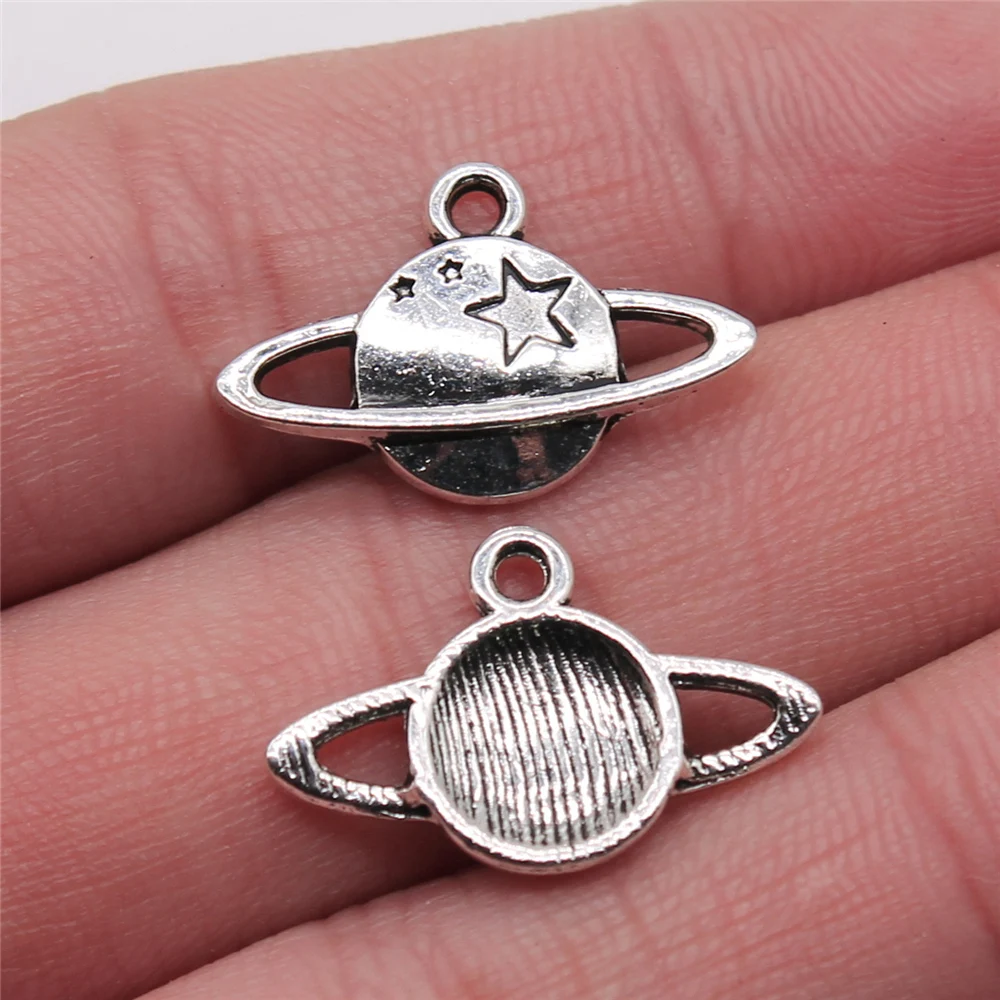 200pcs 14x22mm Cosmic Solar System Saturn Charms For Jewelry Making Antique Silver Color Jewelry Accessories