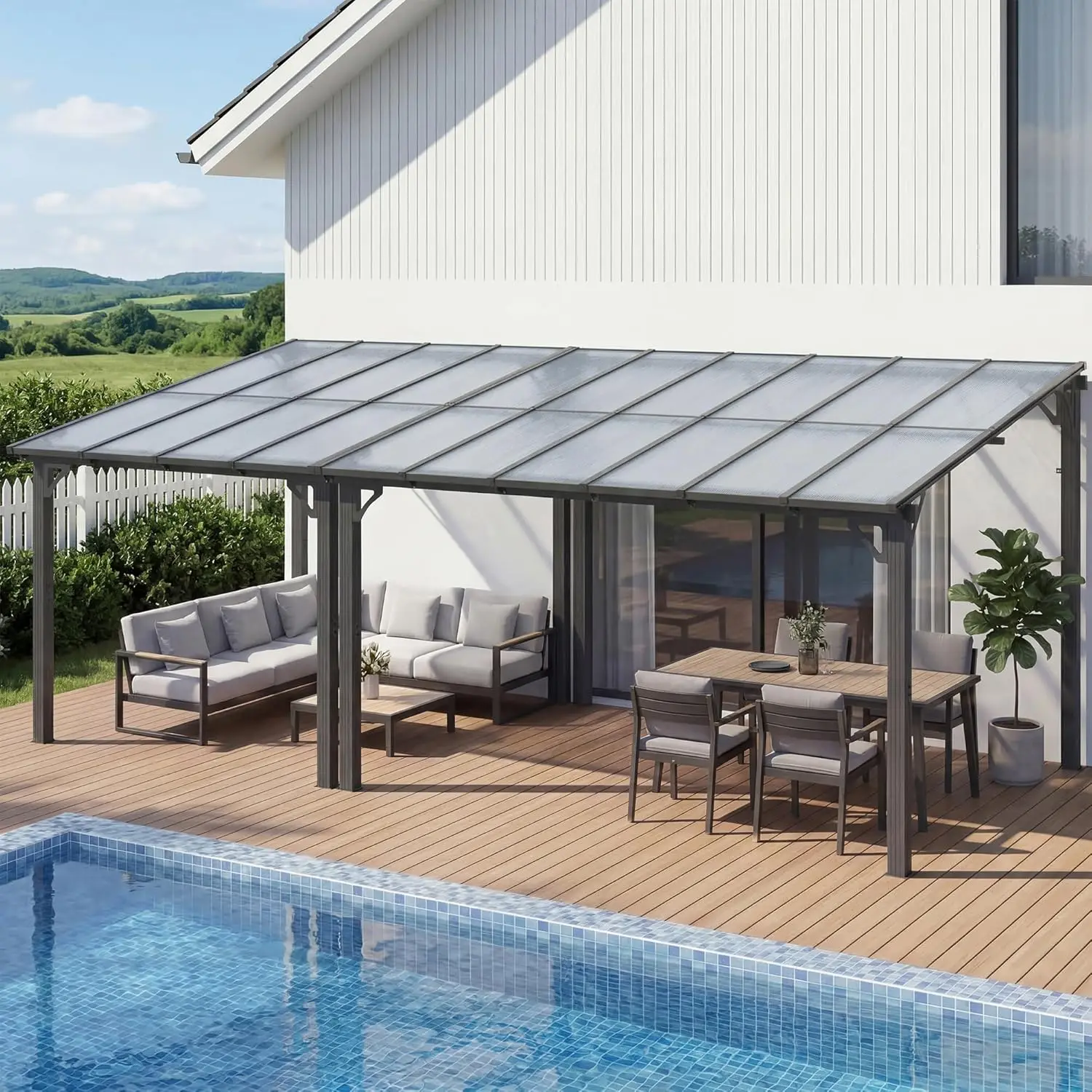 

10'x20' Lean to Gazebo, Hardtop Metal Pergola with Polycarbonate Roof, Wall Mounted Outdoor Heavy Duty Awnings, Patio, Custom