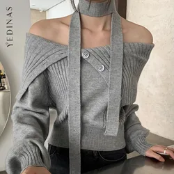 Yedinas Korean Fashion Autumn Winter Tops Sweaters For Women Long Sleeve Pullovers Off Shoulder Ladies Jumper Y2k Female Clothes