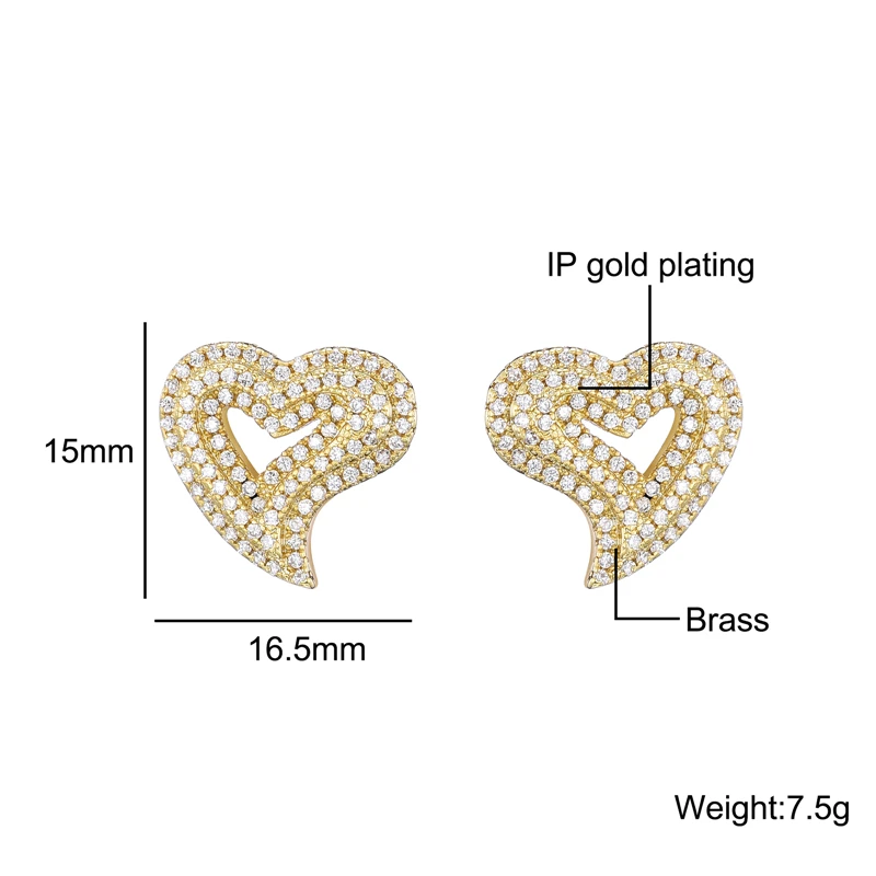 Hip Micro 1Pair Heart Shape Pave Baguette Cubic Zircon Stone Ice out Stud CZ Earring Bling Copper Earrings For Women Men Jewelry