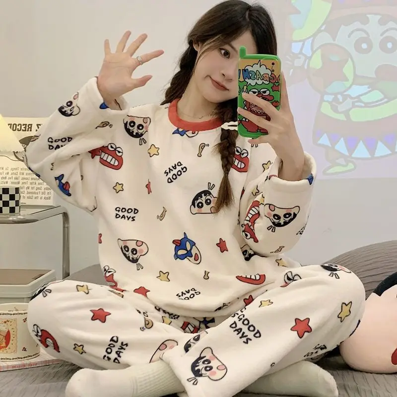 Kawaii Women Crayon Shin-Chan Pajamas Round Neck Coral Fleece Sleepwear Warm Long Sleeves Pants Cute Student Homewear Xsma Gifts