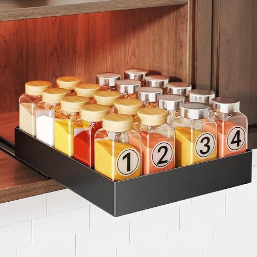 

Pull Out Spice Rack Organizer for Cabinet Slide Out Spice Racks Organizer No Drill Easy to Install 8"Wx10"Dx2"H