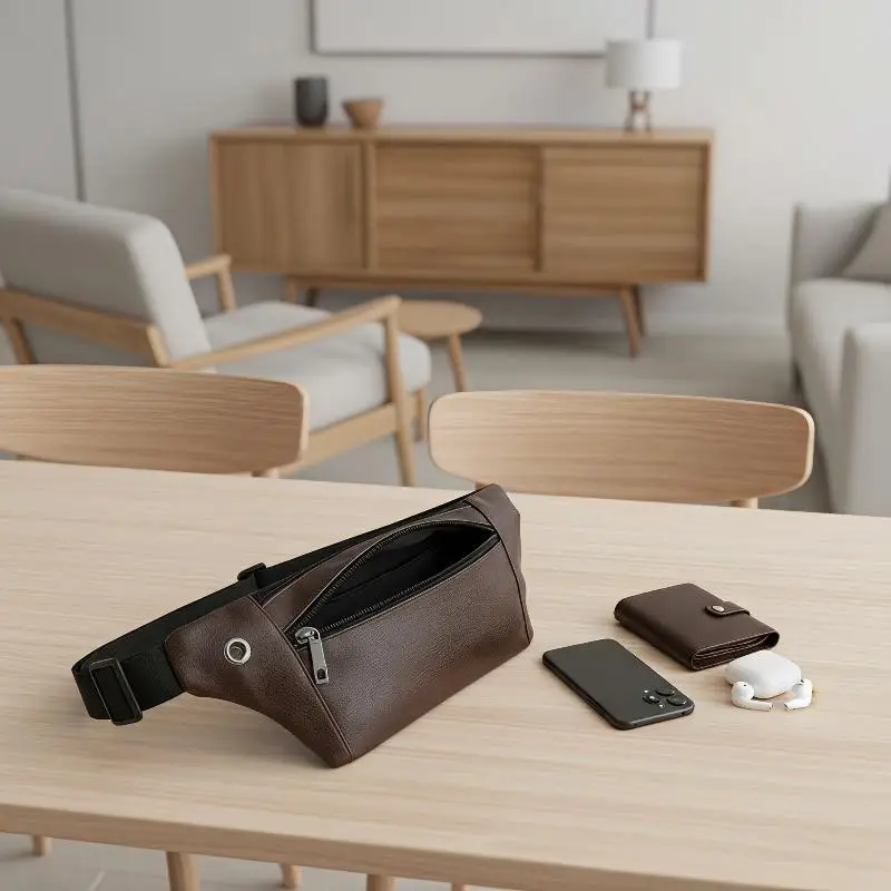 Multi Layer PU Leather Waist Belt Bag Men Portable Phone Crossbody Daily Travel Single Shoulder Pouch
