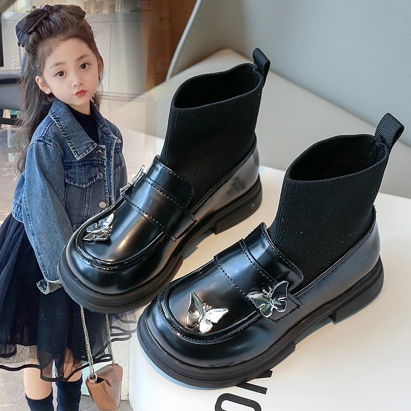 

Autumn Winter New Kids Short Boots Girls Fashion Casual Socks Boots Princess Children's Trend Leather RhinestonesBow Ankle Boots
