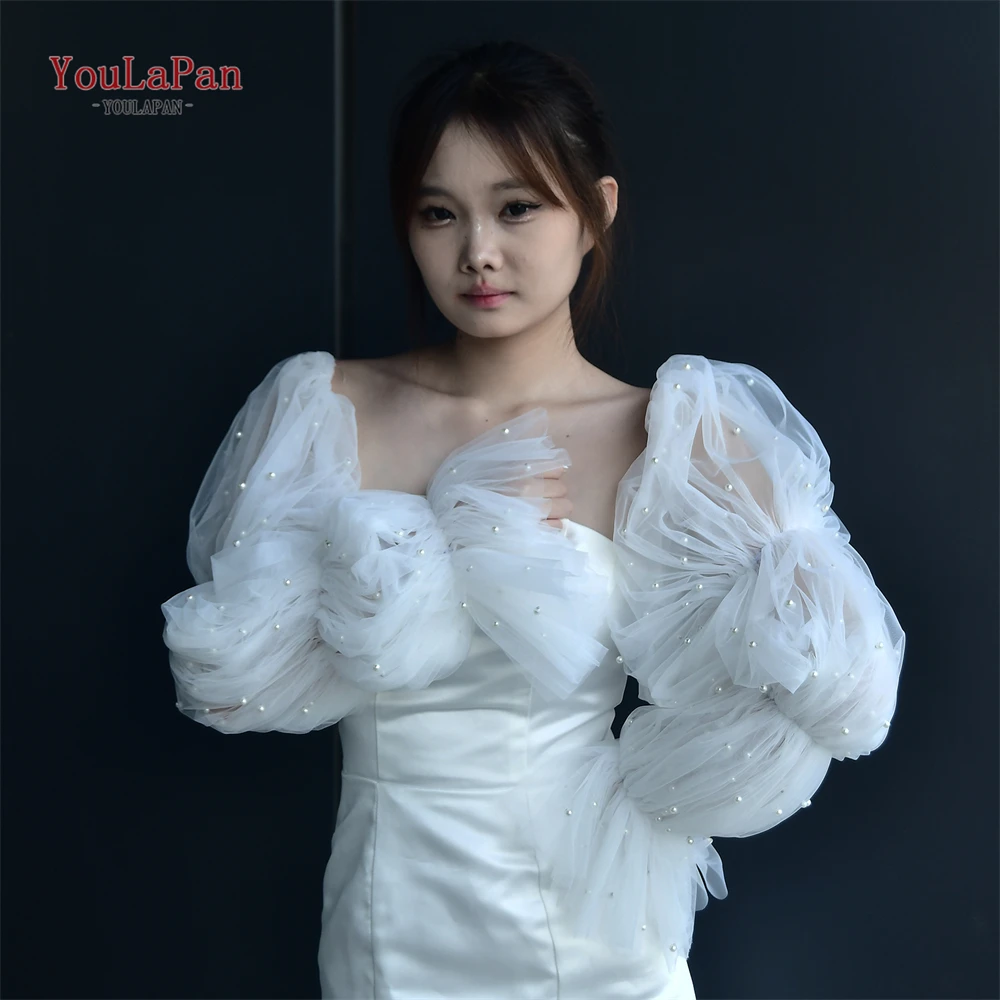 YouLaPan Bridal Long Sleeve Women's Arm Sleeves for Wedding Dress Wedding Puff Sleeve Pearls Oversize Long See-Through VM28  DIY