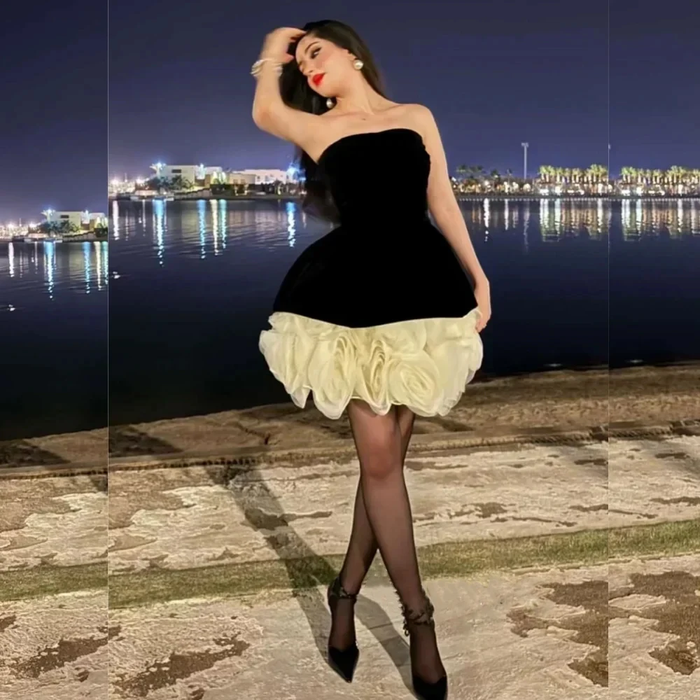 

Customized High Quality Jersey Pleat Flower A-line Strapless Short Dresses Cocktail Dresses Classic Exquisite Modern Style Pastr