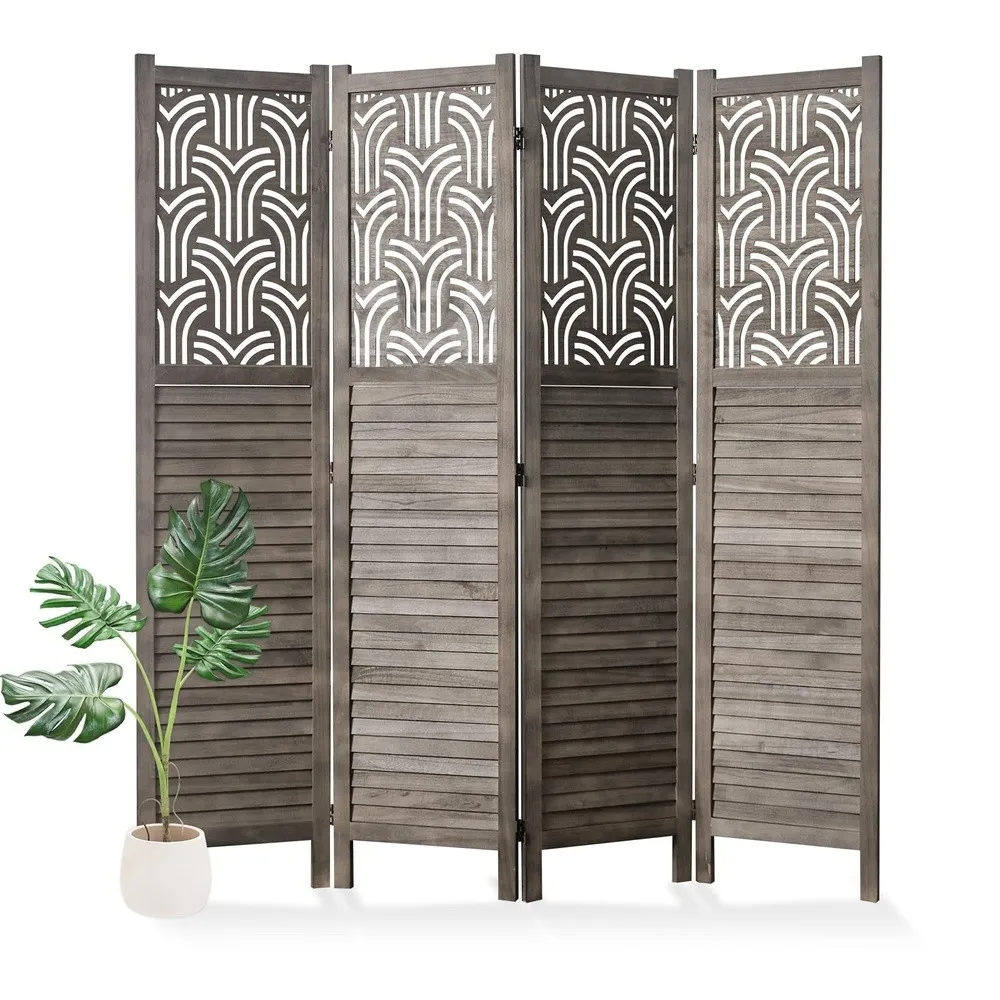 Folding Room Divider 66.9 Inch 4 Panels Wood Carved Privacy Screens Free Assembled Freestanding Portable Separation