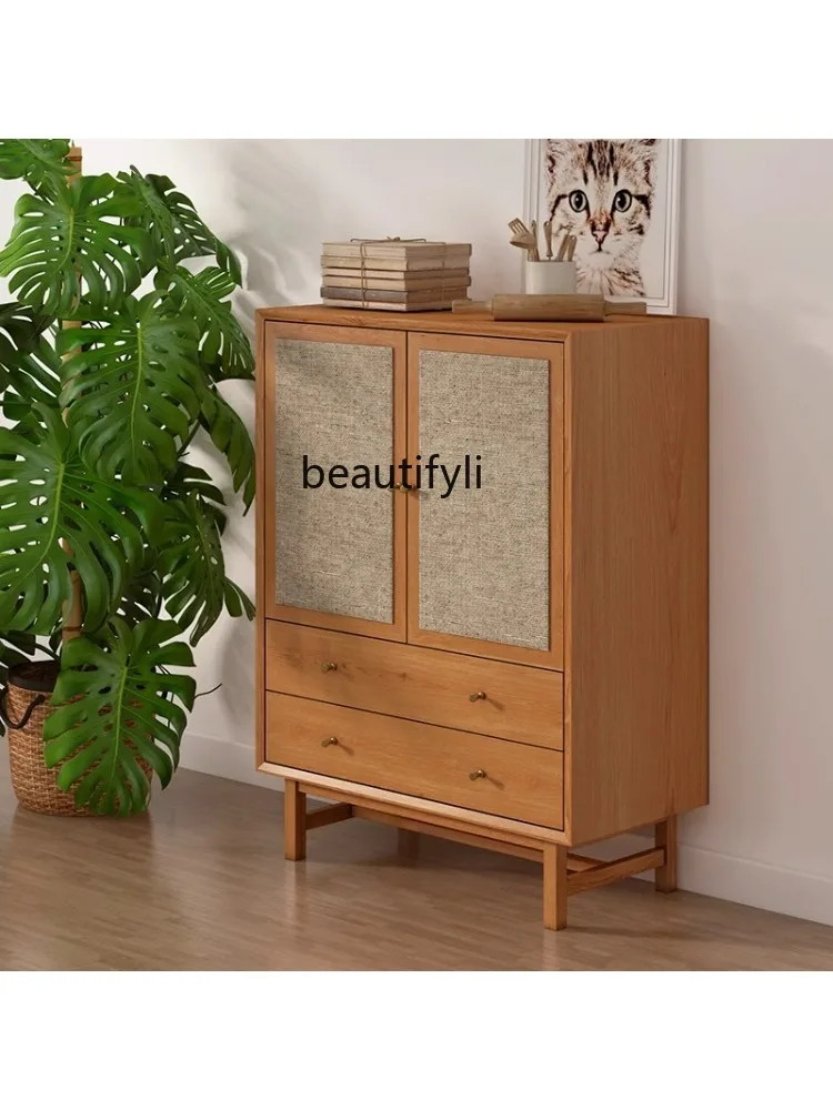 Simple Modern Sideboard Cabinet Nordic Solid Wood Cabinet Locker Living Room Display Creative Woven Rattan Tea Chest of Drawers