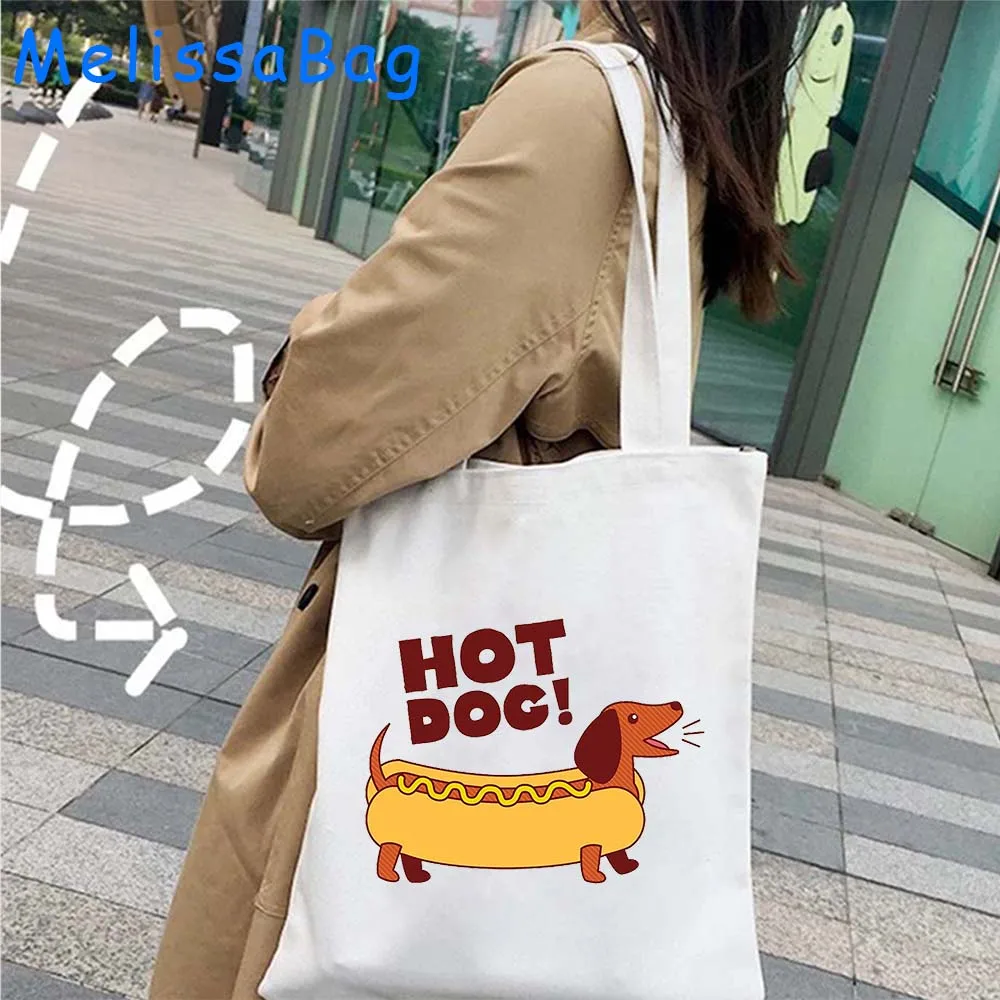 Funny Hot Dog Cartoon Dachshund Dog Cute Dachshunds Happy Sausage Dogs Women's Canvas Shoulder Tote Bag Shopper Cotton Handbags