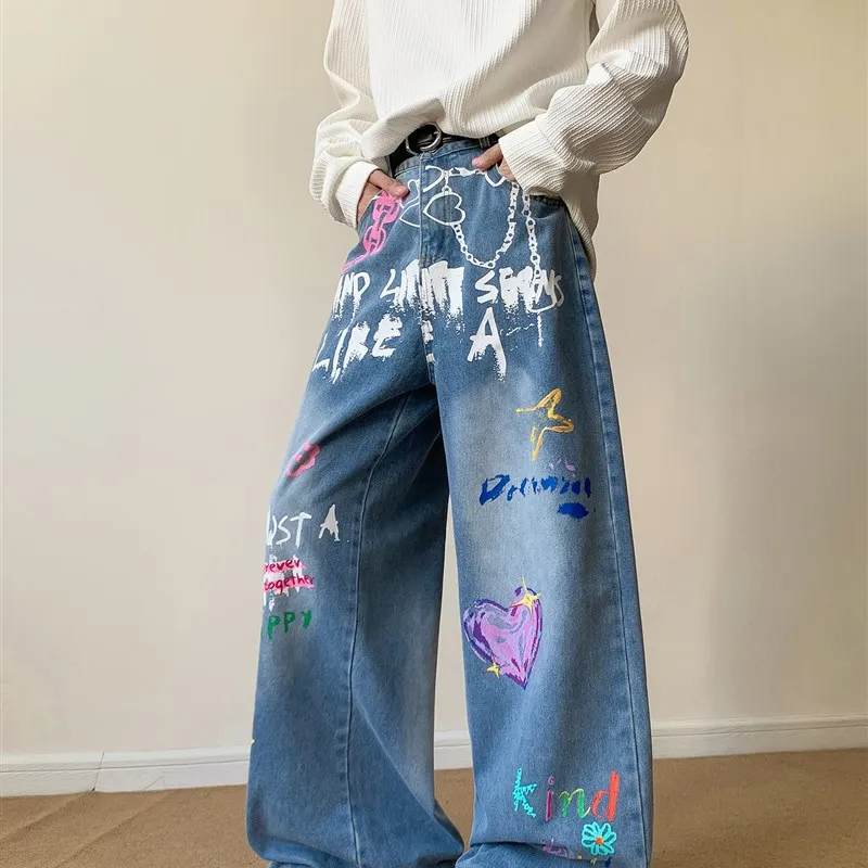 

Мужские джинсы с забавным принтом fiti, повседневные узкие широкие брюки с завышенной талией, осенние новые модные брендовые повседневные джинсы с принтом Dopane