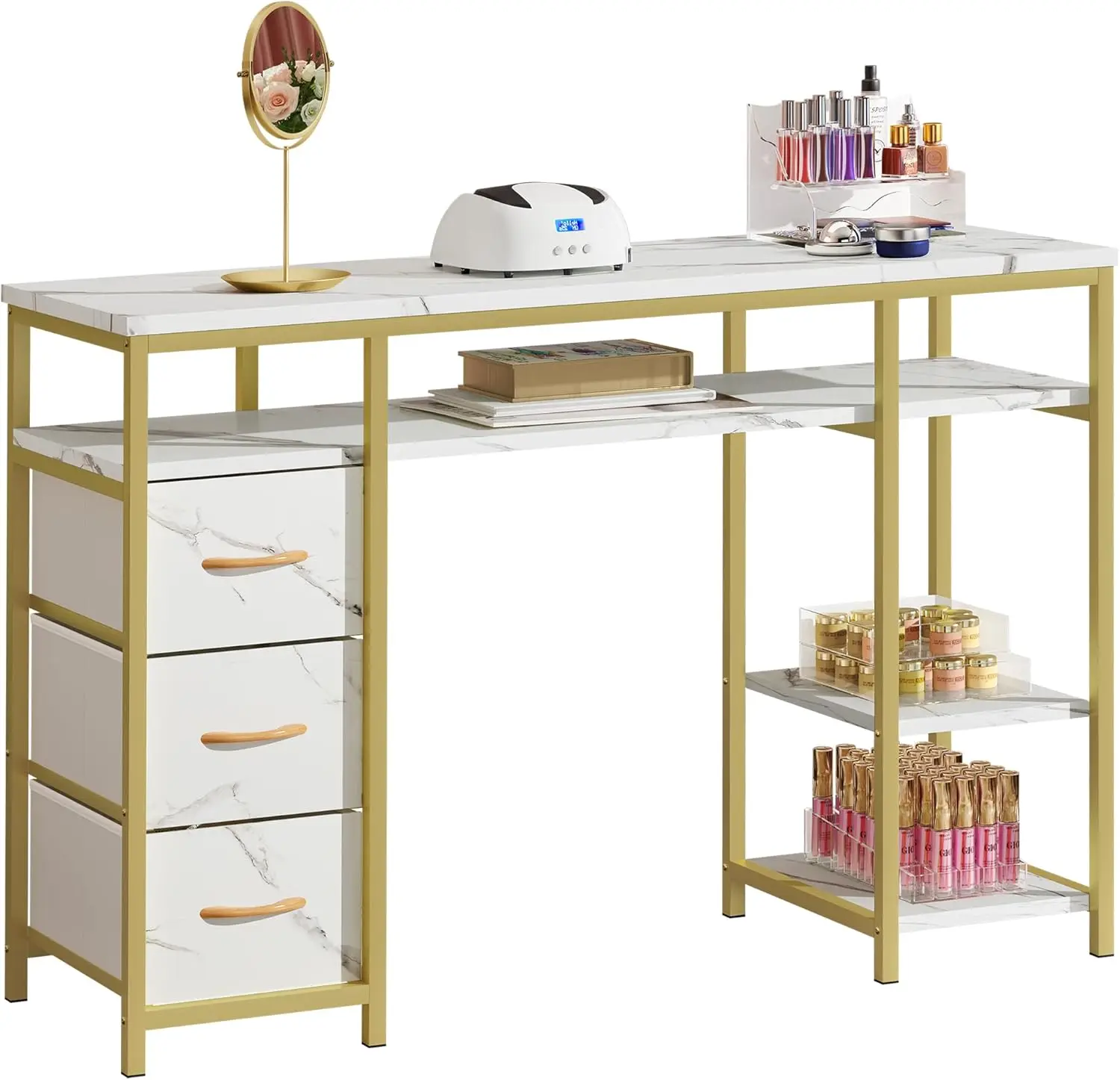 Manicure Table Nail Station, Marbling Texture Manicure Desk with 3 Drawers, Acetone Resistant Nail Tech Desk for Beauty Salon Sp