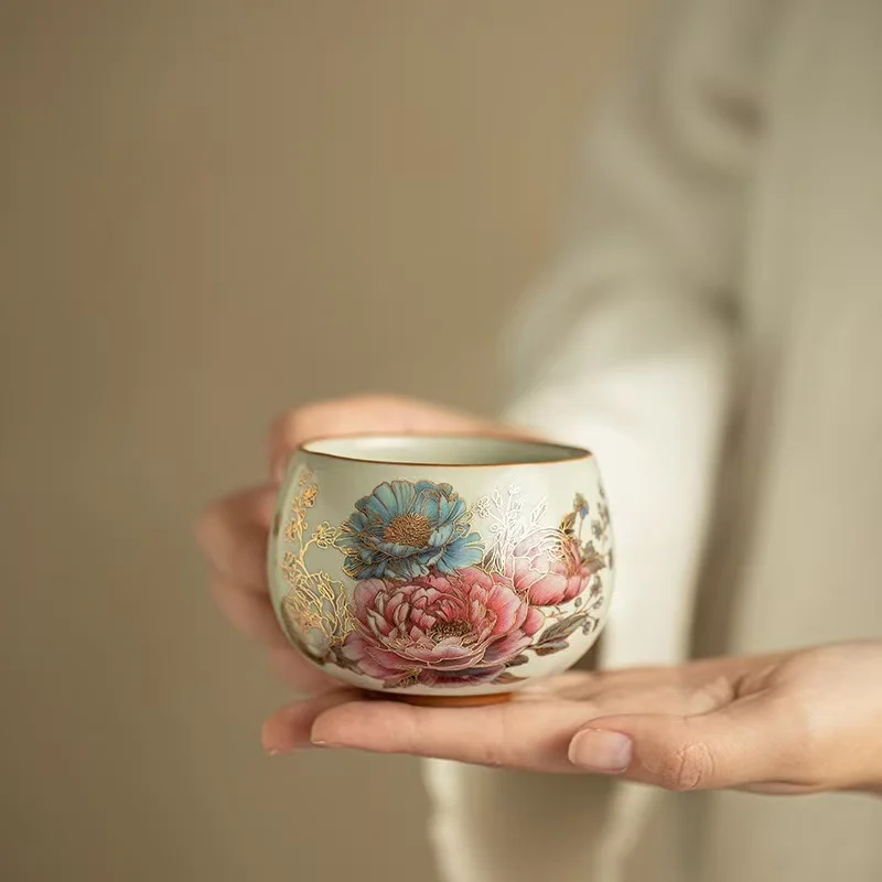 145 ml Nachahmung Song Ru Ofen Goldene Farbe Pfingstrose Teetasse Nationalen Keramik Master Tasse Exquisite Große Tee Verkostung Tasse KungFu Teeset