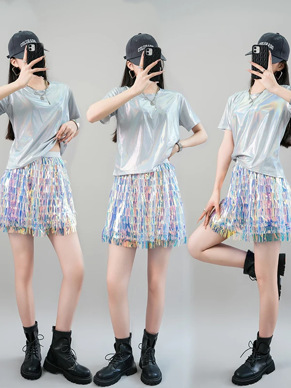 Shiny Silver Short Sleeve Dance Performance Outfit Fashionable Jazz Dance Show Costume for Women's Group Stage Performance Cl...