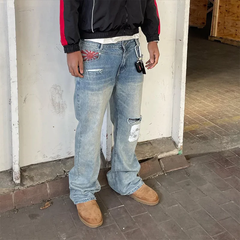 아메리칸 패션 트렌드 브랜드 게으른 바람 편지 인쇄 세련된 지퍼 청바지 Y2K 고딕 남성 여성 힙합 펑크 빈티지 streetwear