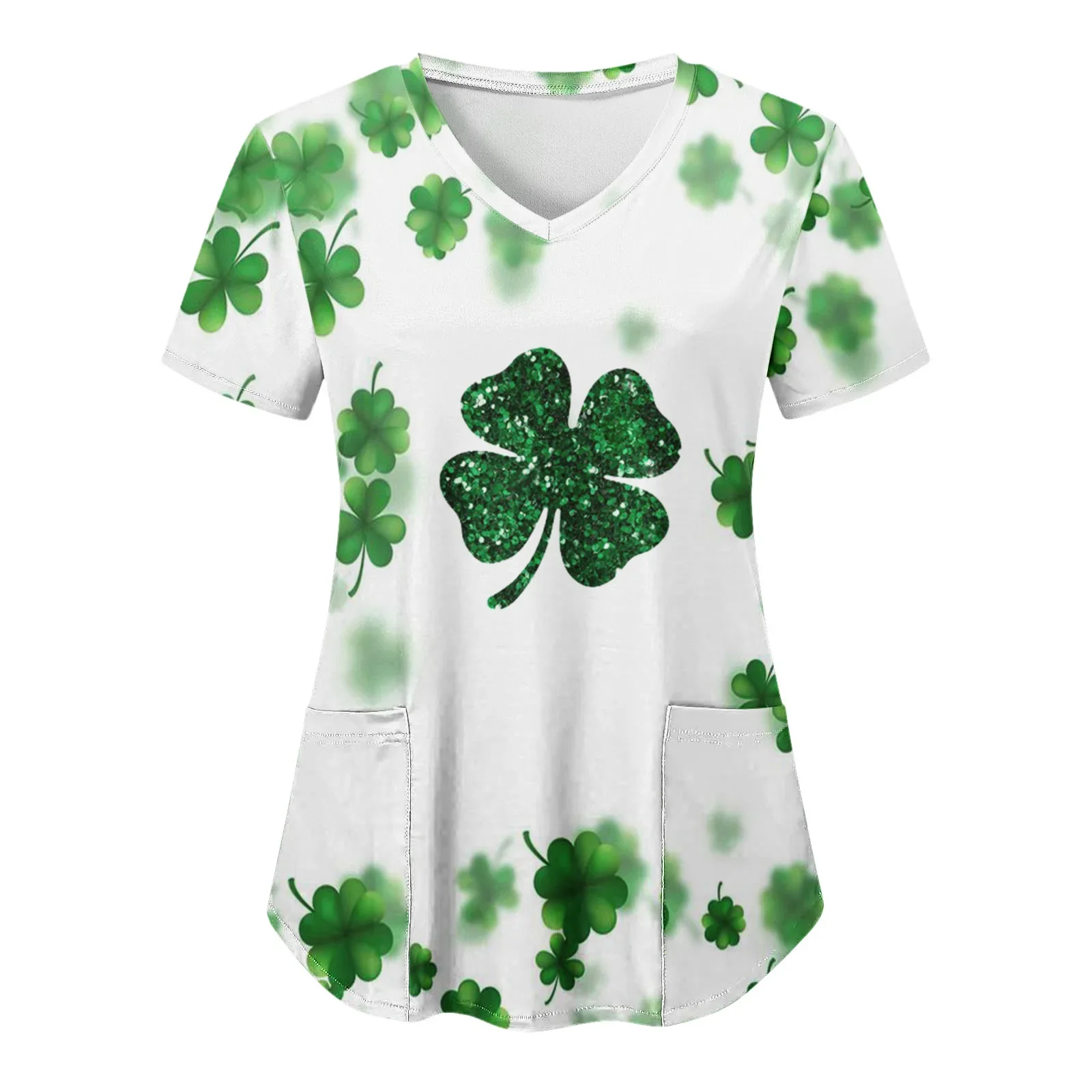 Clovers Print Green Scrub Tops St. Patrick's Day Clinic Carers Nurse Uniform Clinic Staff Blouse Uniform V Neck Workwear Tops