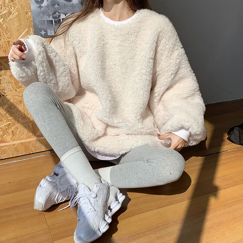 2023 Autumn/Winter New Lamb Wool Sweater Round Neck Loose Versatile Lazy Style Solid Color Versatile Long Sleeve Women's Top