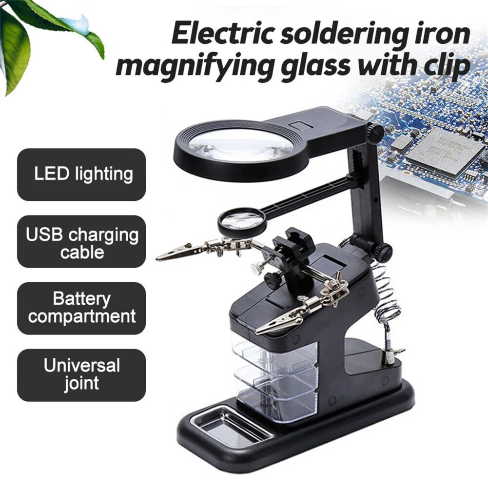 Soldering Iron Stand With 3X/4.5X/25X Magnifying Glass 3 Hand Clamp Illuminated LED Clip Holder Welding Tools For Repairing