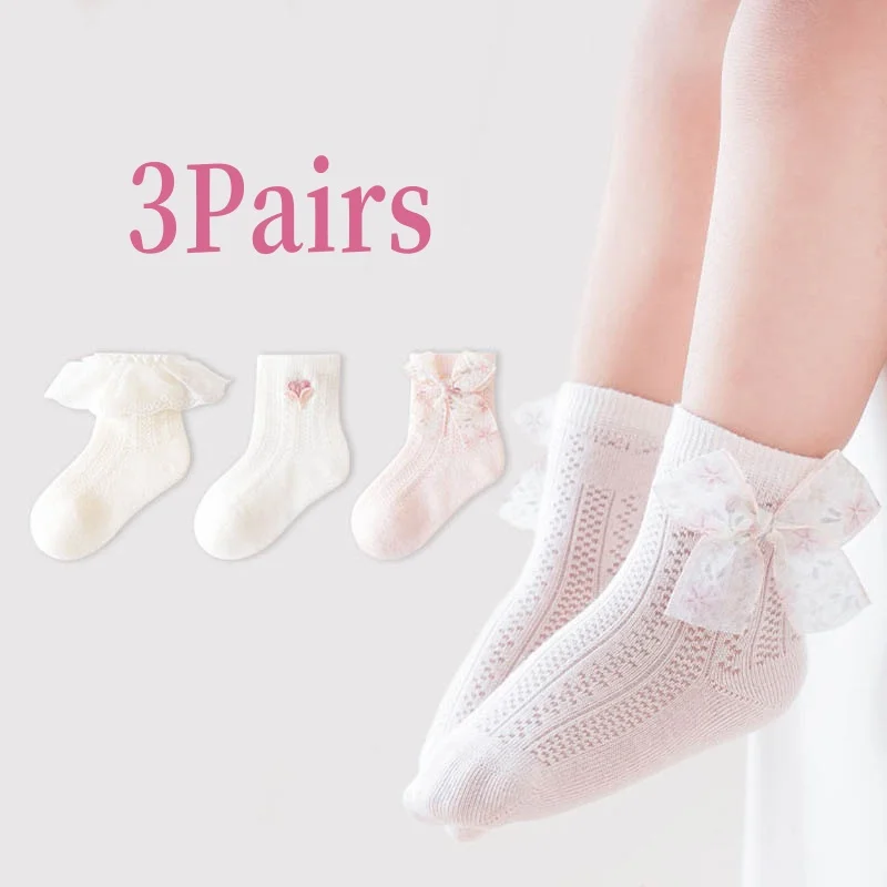 3 pares de calcetines para niñas recién nacidas, calcetines de malla fina para niñas, calcetines con lazo de encaje para niñas de 0 a 5 años, accesorios de calcetines transpirables de princesa para niñas