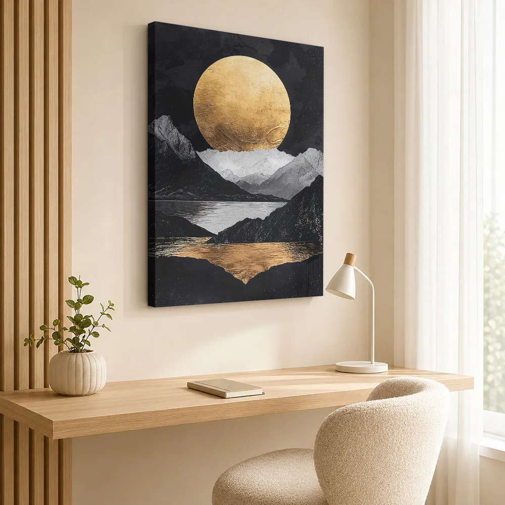 Golden Moon Above Layered Mountains Framed Canvas Print Personalized Photo Kintsugi Inspired Wall Art For Fantasy Reading Room