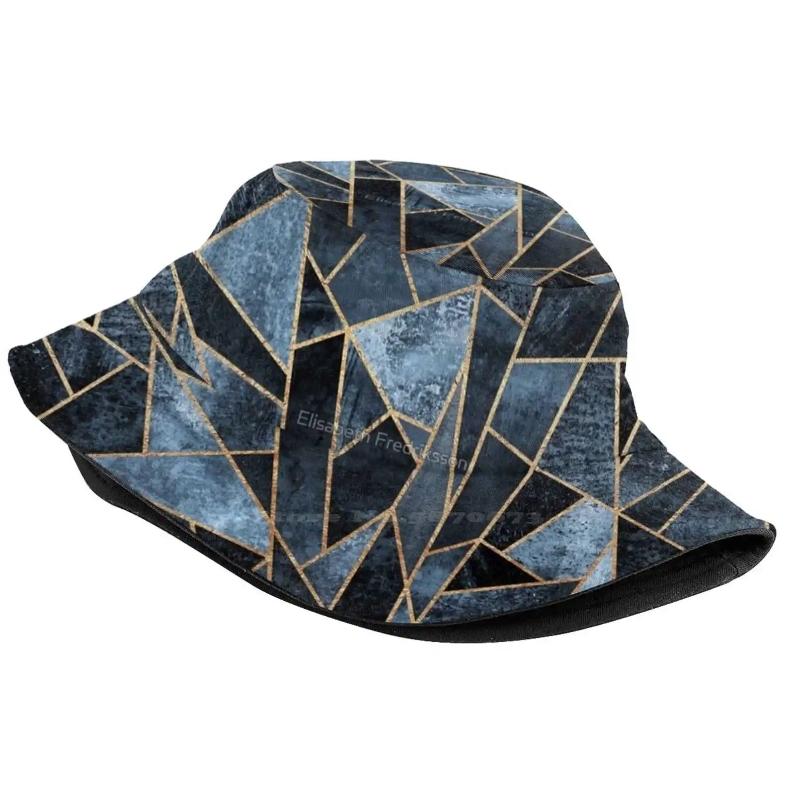 Shattered Soft Dark Blue Flat Top Breathable Bucket Hats Graphic Pattern Abstract Gold Blue Modern Lines Mosaic Geometry