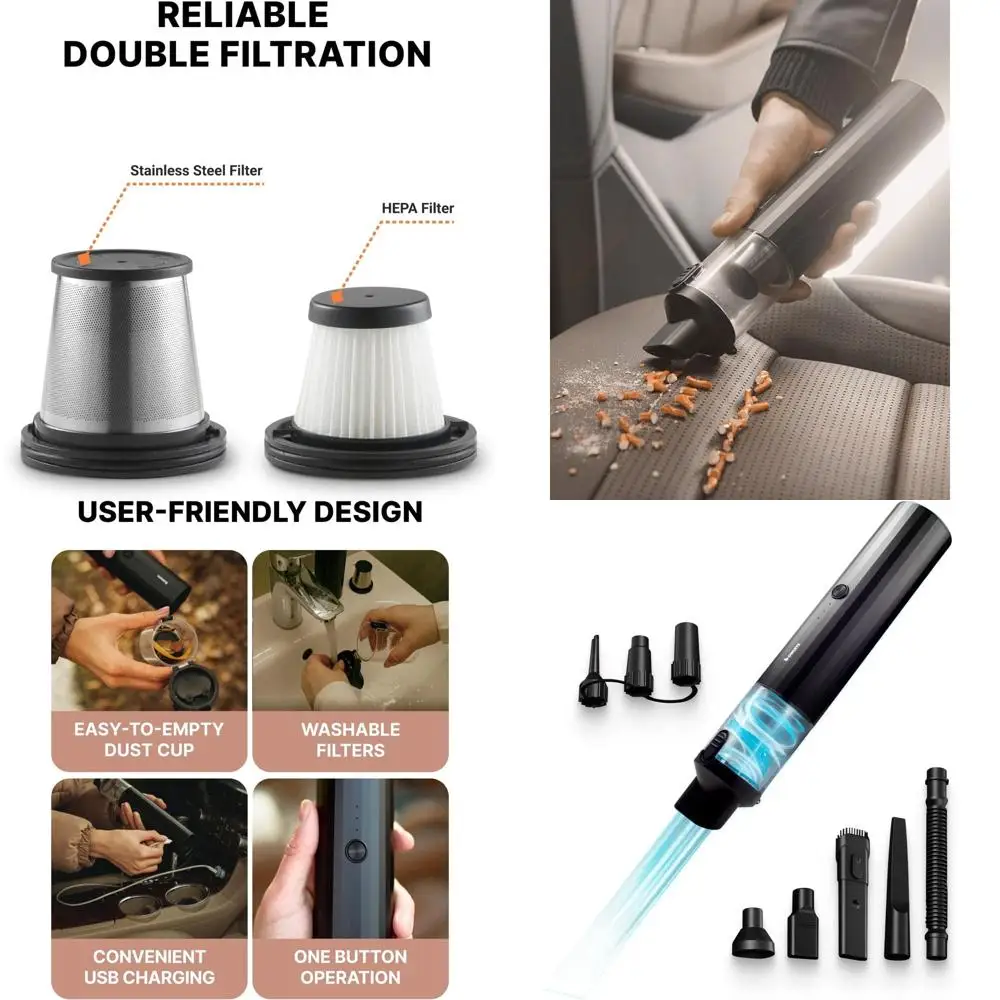 

Беспроводной пылесос с HEPA-фильтром: мощность всасывания 6000-16000 Па, 85000 об/мин, время работы 40 минут, для автомобиля, дома и офиса