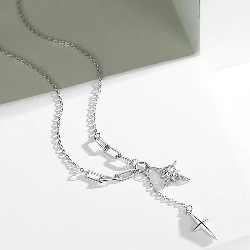 Silberfarbene Y-Halskette für Damen, Modische Kristall-Stern-Anhänger-Halskette, Lange Quasten-Schlüsselbeinkette, Damen-Party-Schmuck – Detail 5