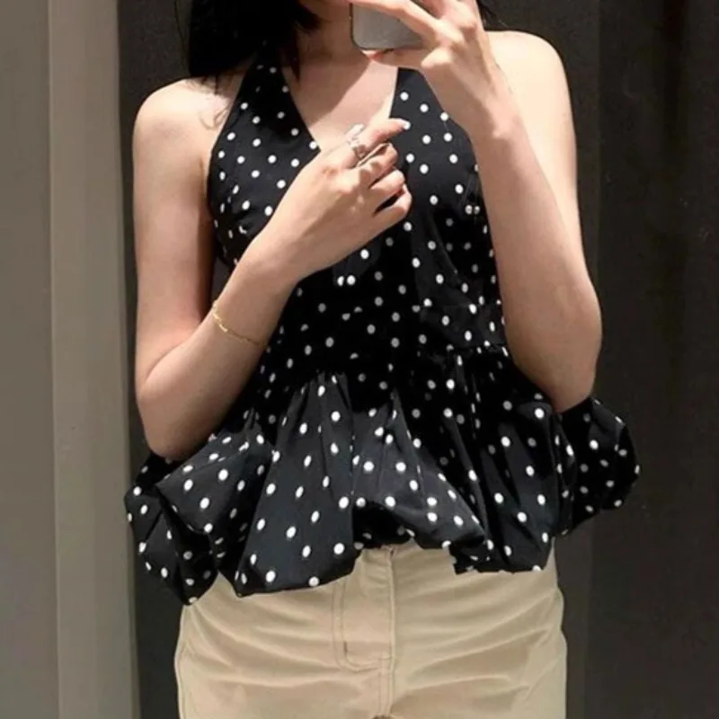 

Spring Summer Sweet Retro Ropa De Mujer Korean Fashion Sexy Tank Tops Backlesss Polka Dot T Shirt for Women Ruffles