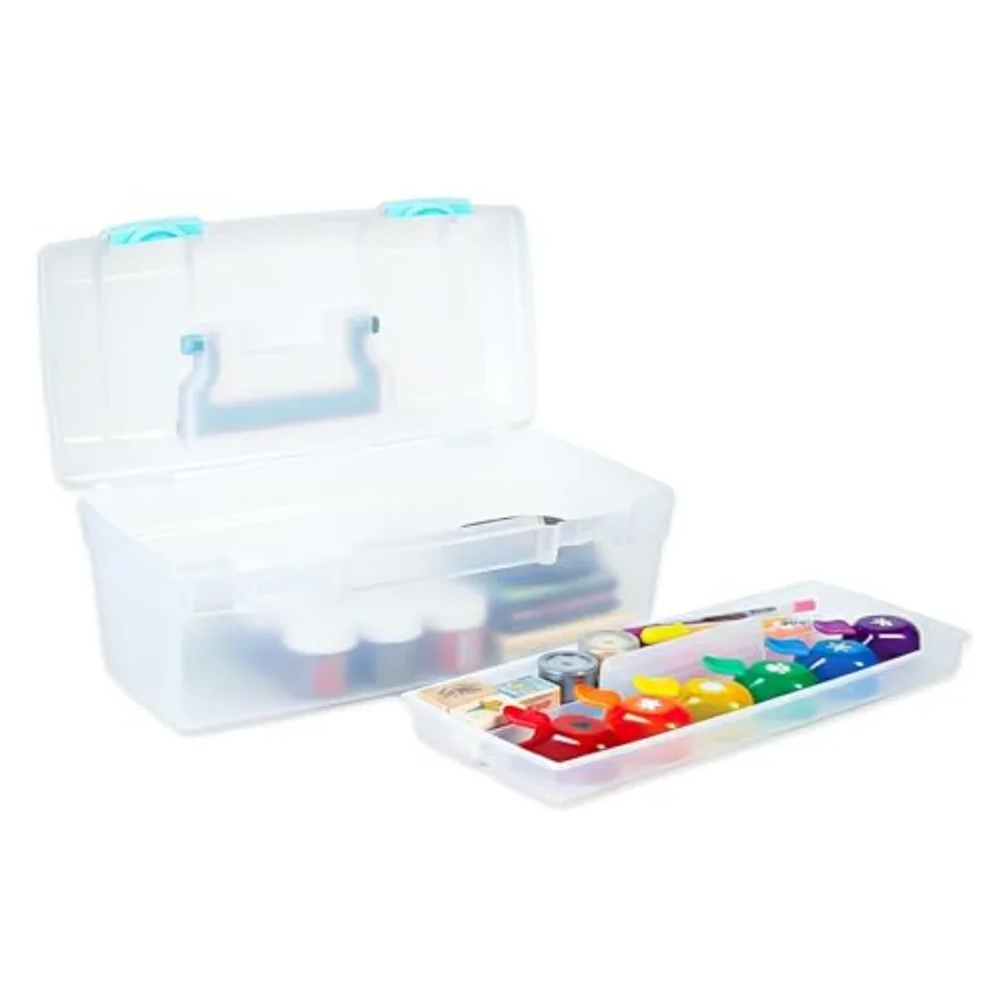 Essentials Lift-Out Tray Bo, Portable Art and Craft Organizer with Handle and Tray, Clear/Aqua