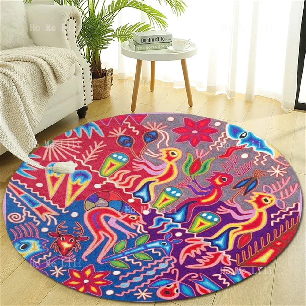 Huichol Mexican Cactus Yarn Cultural Art Pattern Design Floor Round Carpet Room Decoration