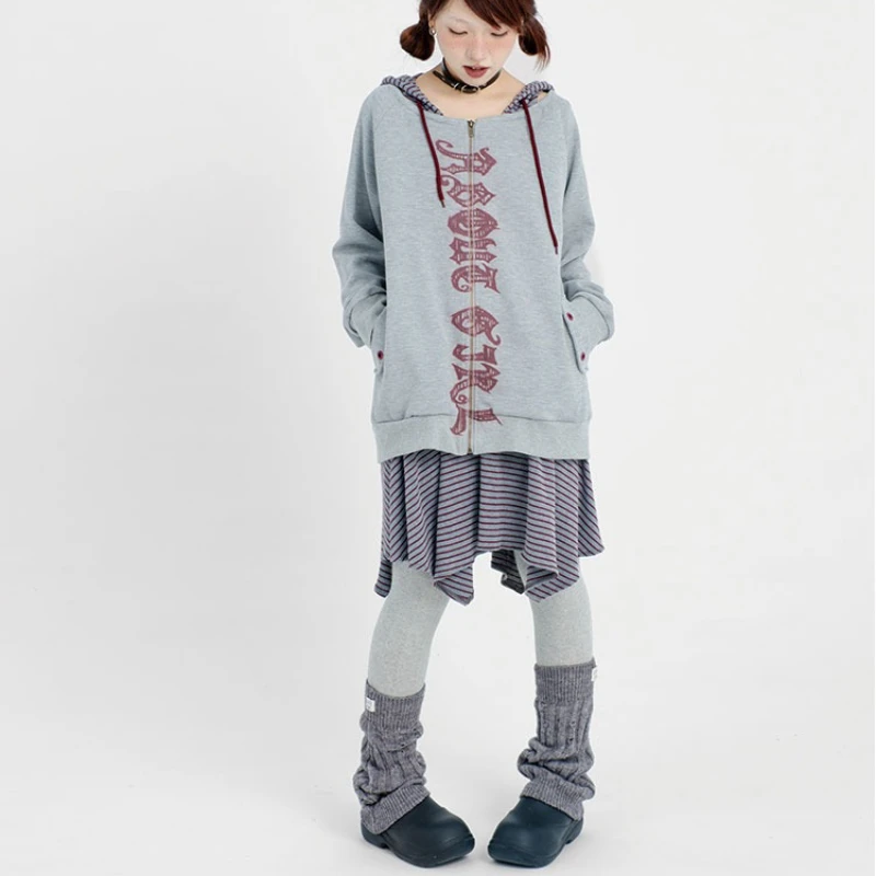 2025 Autumn New Gray Off-Shoulder Splicing Striped Women's Sweatshirt Original Design Loose Slimming Versatile Y2K Coat Ladies
