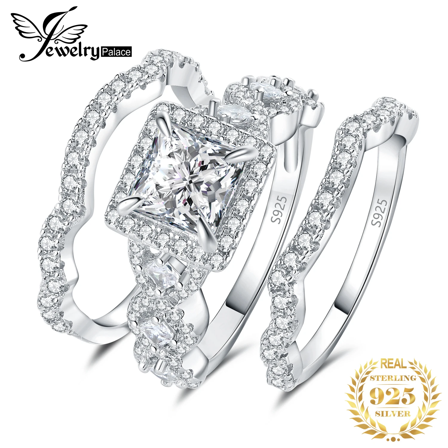 JewelryPalace 3Pcs 925 Sterling Silver Halo Wedding Engagement Ring Set for Women 2.9ct Princess Cut AAAAAA CZ Fashion Jewelry