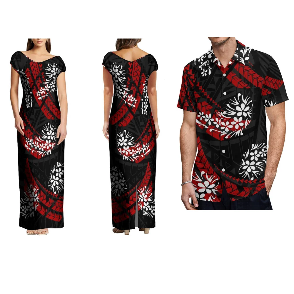 Damenkleid mit V-Ausschnitt, lockeres langes Kleid, Herrenhemd, maßgeschneidertes Paar-Set, polynesisches Stammes-Retro-Sommer-Kurzarm