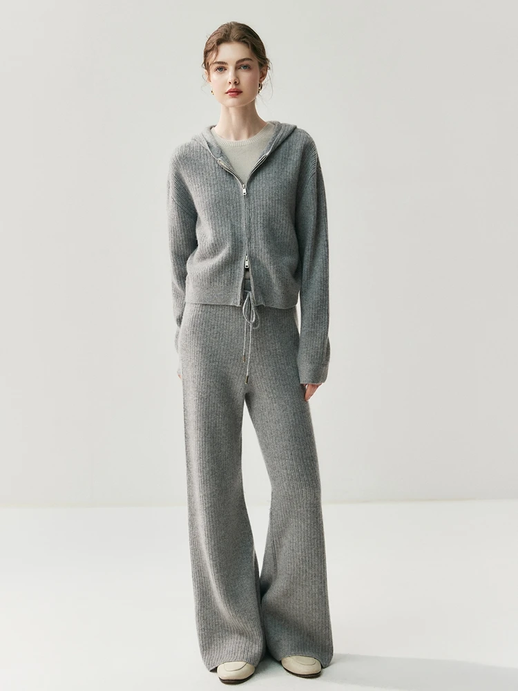 新しいシックなツーピースパンツカーディガンカシミヤセット高級シンプルな女性の秋冬フード付きジッパーセーター 100% カシミヤニットウェア