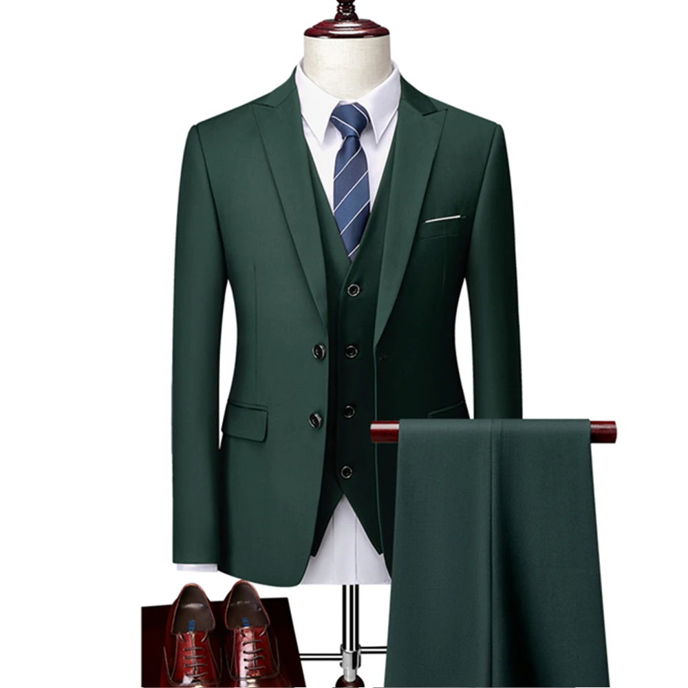 

Men Slim Stretch Fabric Suit 3 Pcs Set Jacket Vest Pants / Male Business Double Slit Dress Blazers Coat Trousers Waistcoat