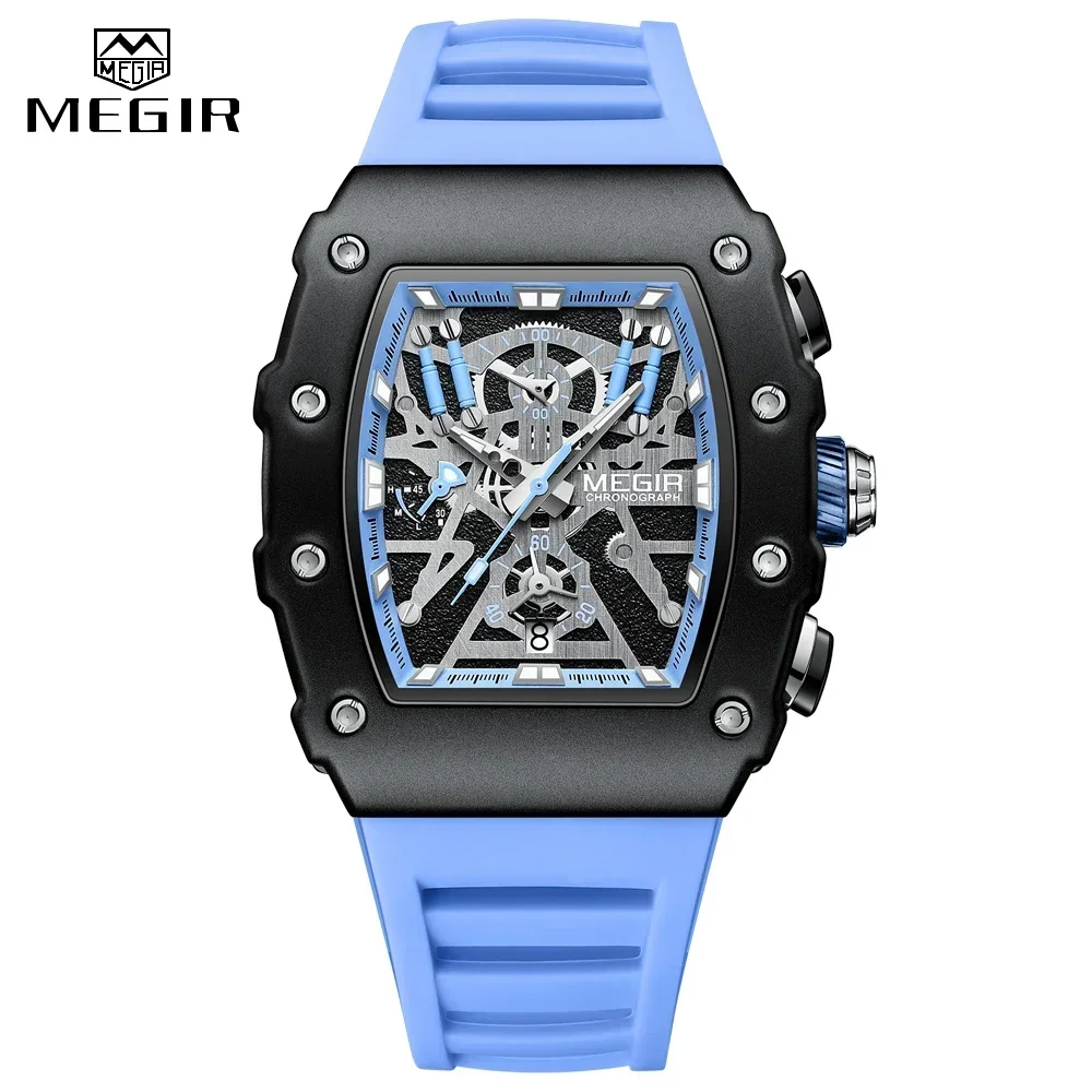 MEGIR Chronograph Watch Men Casual Waterproof Luminous Sport Analog Quartz Wristiwatch Tonneau Dial with Silicone Band Auto Date