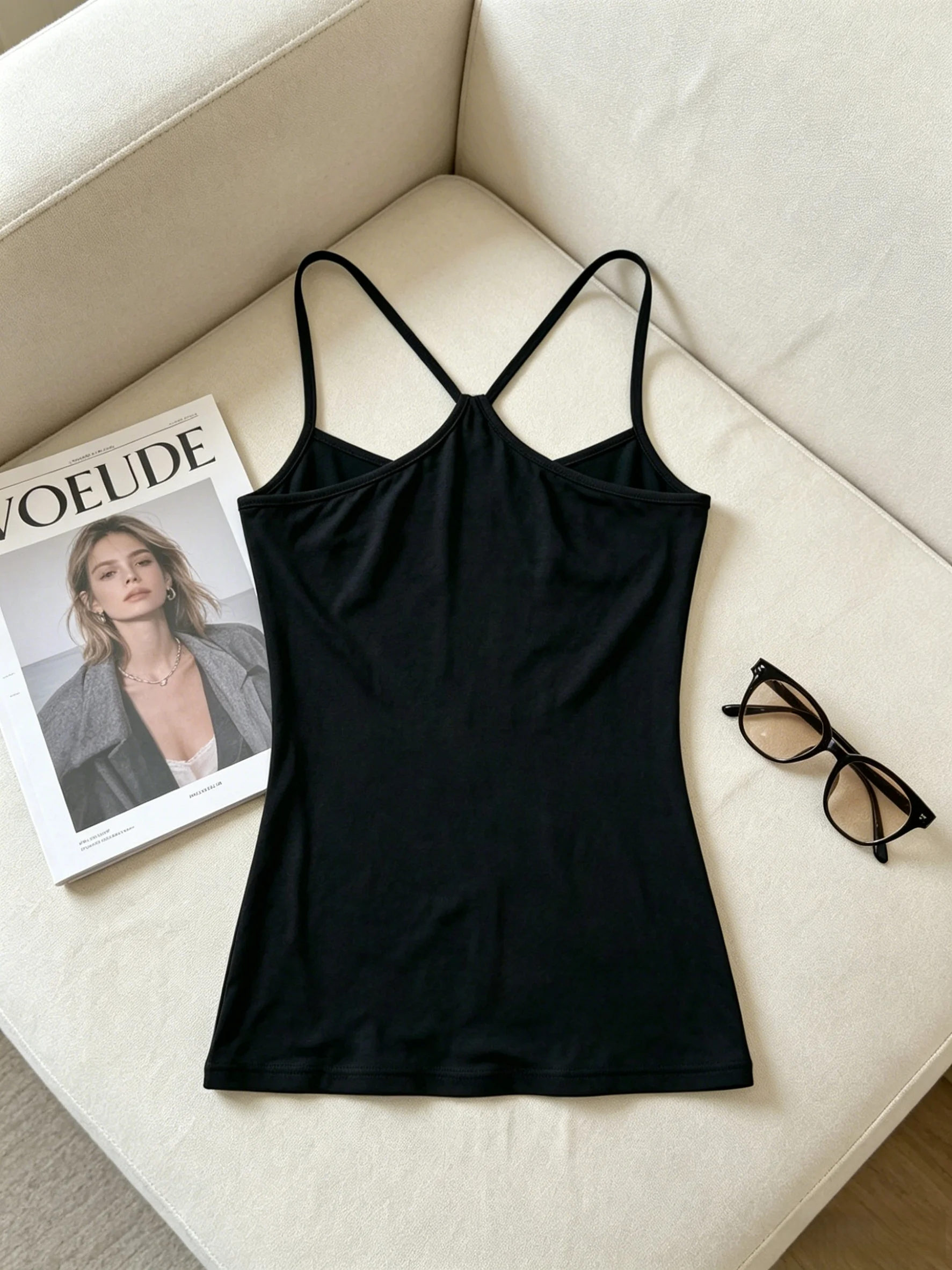 3er-Pack Damen-Tanktops mit U-Ausschnitt und Y-Rücken, Spaghettiträgern, einfarbig, schmal geschnitten, Basic-Tanktop für den Innenbereich, Alltagsoutfit, Freizeitkleidung – Detail 4