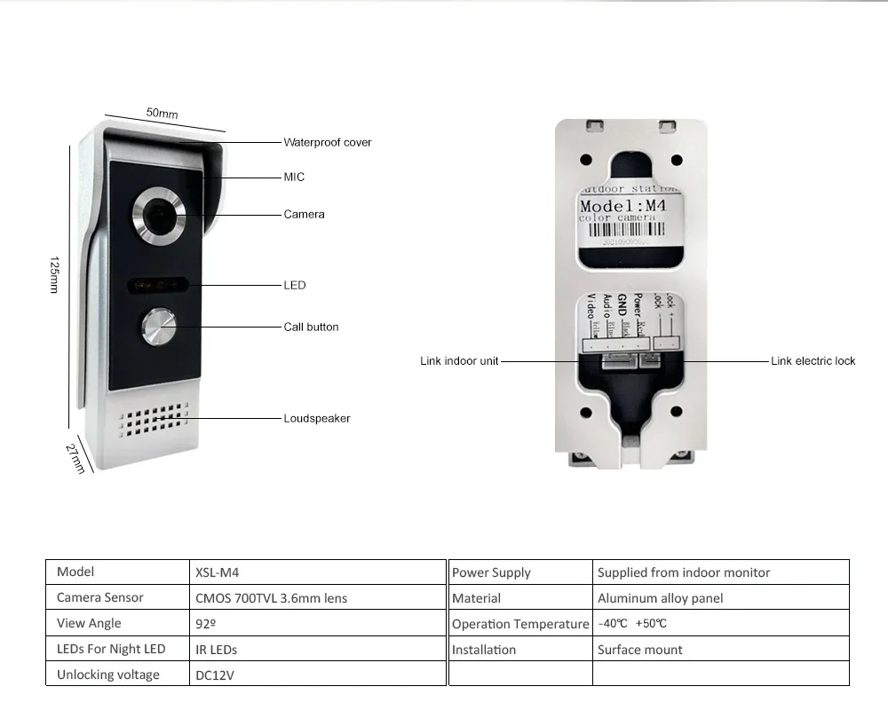 Metal Doorbell, Waterproof and Cold-resistant, 7-inch Home Video Intercom System, Outdoor Night Vision Door Lock, Video Intercom