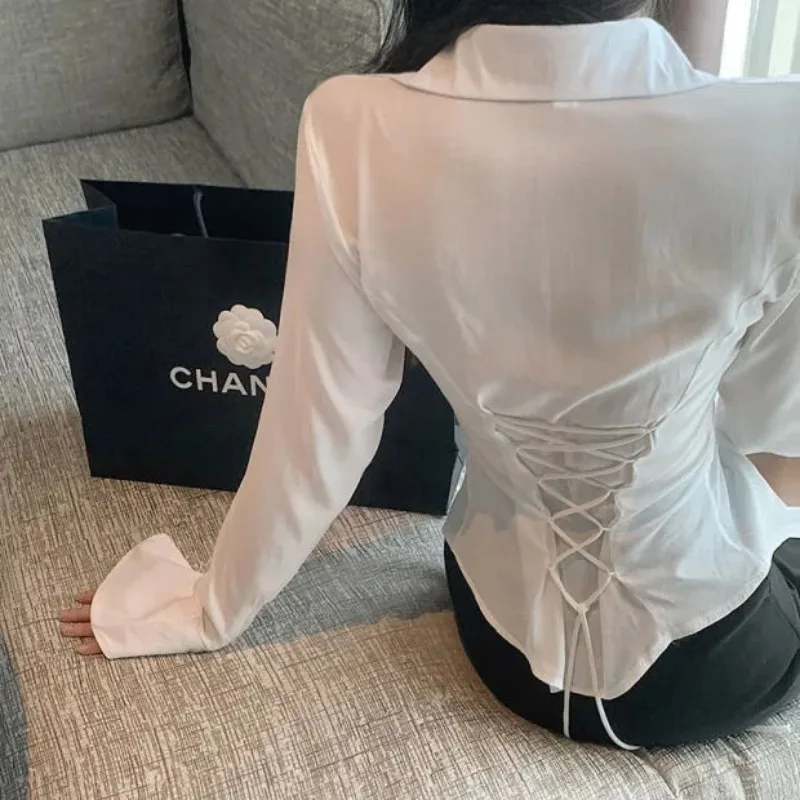 French Style Shirts Women Design Hotsweet Back Bandage Flattering Waist Slim Solid Flare Sleeve Tops Sexy Hot Girls Trendy Ins