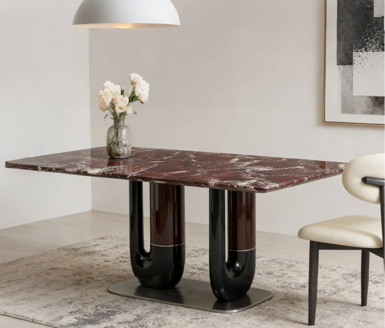 Fiberboard bright paint Wuziluo red luxury stone home restaurant rectangular dining table