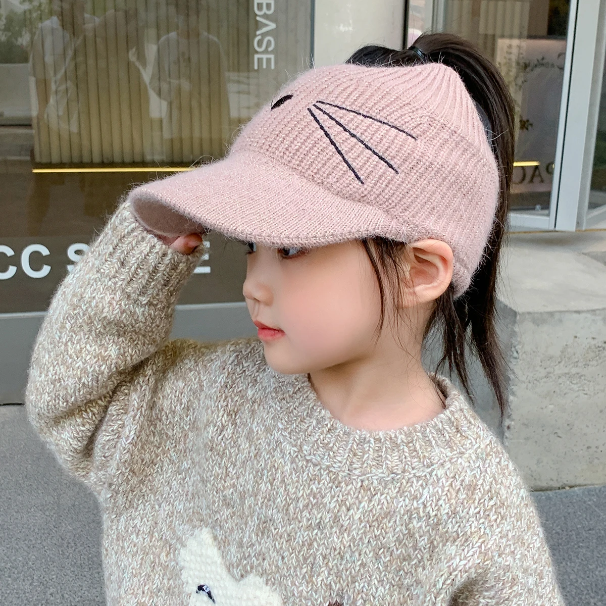 Girl\'s Hat Autumn and Winter New Knitted Warm and Cute Ear Protection Baby Thickened Wool Children\'s Empty Top Duck Tongue Hat