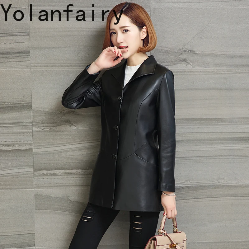 YOLANFAIRY معطف جلد الغنم الحقيقي امرأة الخريف الشتاء 2025 موضة منتصف طول سترة جلدية حقيقية المرأة Jaqueta الأنثوية #4