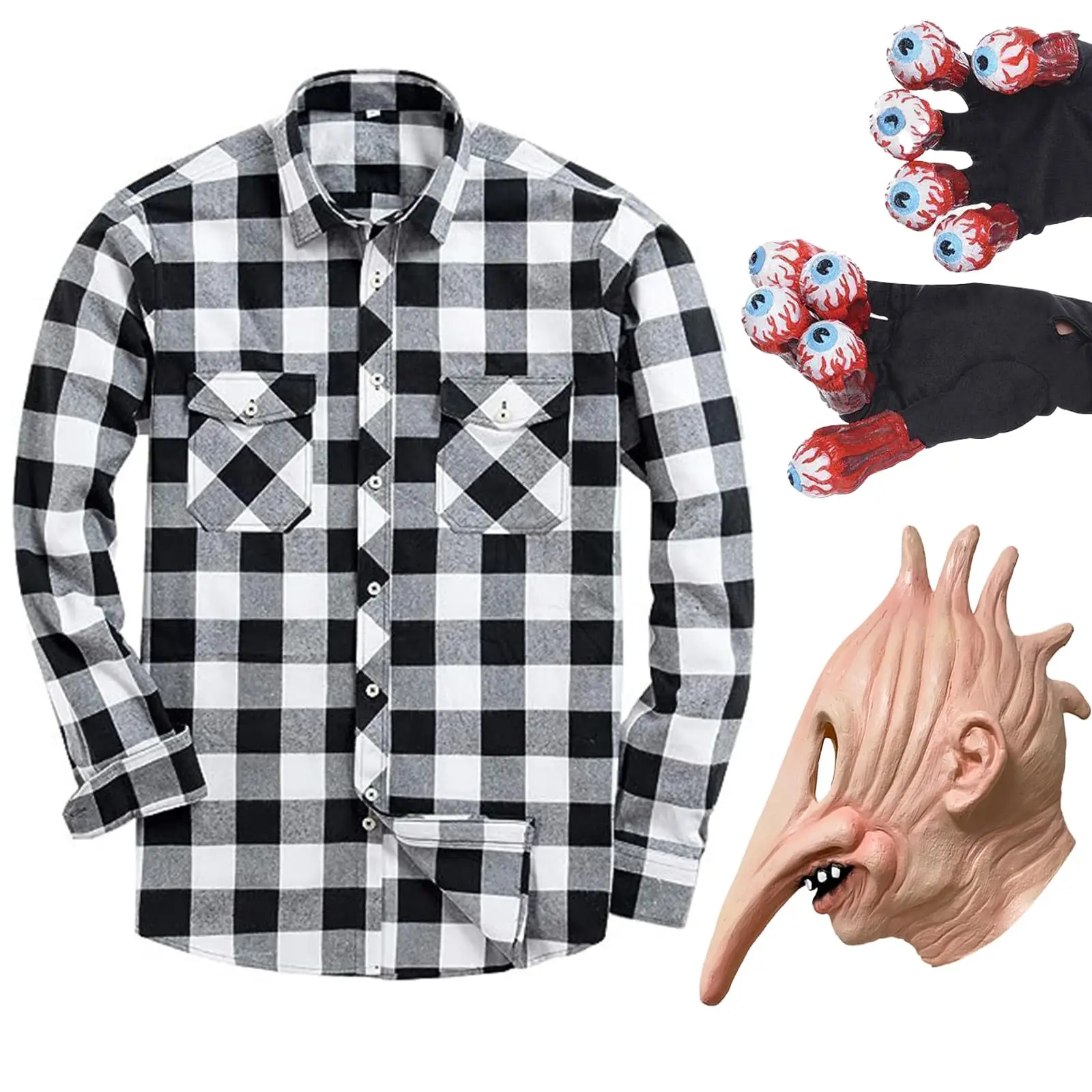 

Funny Black White Plaid Costume Men Horror Demon Mask Eyeballs Halloween Costume Anime Cosplay Props