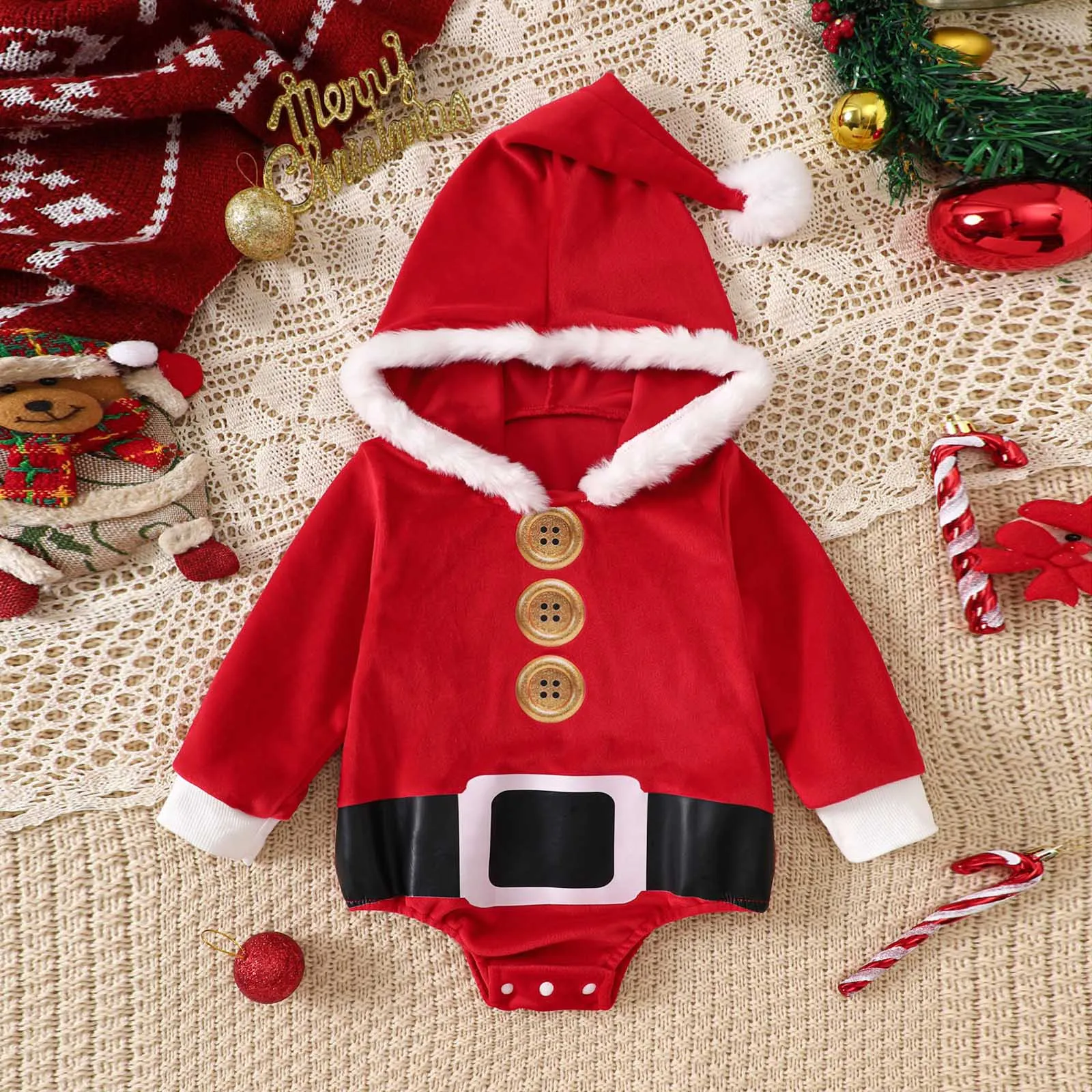 

Newborn Baby Unisex Christmas Romper Long Sleeve Santa Claus Red Hooded Bodysuit Infant Toddler Christmas Festive Jumpsuit